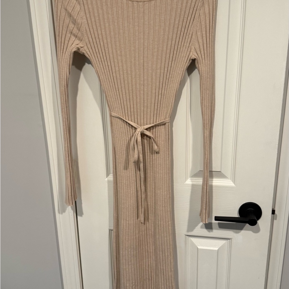 Quince Ribbed Long Sleeve Knit Dress in Beige